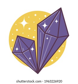 Vector illustration of purple magic crystal. Cartoon magic mineral icon isolated on white background. Hand drawn color doodle, mystical stone