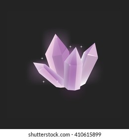 Vector illustration purple magic crystal on black background.Crystal resource for app. Shining crystal icon