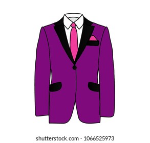 Vector illustration of purple man suit with pink tie and white shirt on white background. Business suit, business, mens suit, man in suit