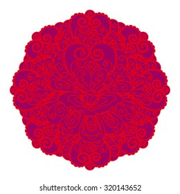 Vector illustration of purple mandala with red contour and shell with pearl