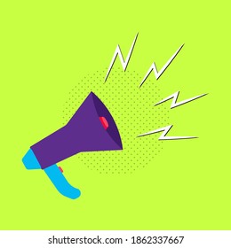 Vector illustration of a purple megaphone, with lightning, loud shouts, in a minimalistic flat style, on a bright light green background with abstract dots. Banners design template.