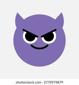 Vector illustration of a purple, mischievous cartoon face with devil horns and a sly smile on a plain background.