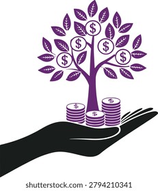 Vector illustration of a purple money tree growing from coins placed on a supporting hand, symbolizin rowth, investment success, wealth management, savings, and economic prosperity. The elegant tree design features decorative leaves containing currency symbols, representing income generation, business expansion, and long-term financial planning. This conceptual artwork is ideal for banking, finance, investment firms, insurance services, retirement planning, wealth creation, economic reports, financial education, and business presentations. The hand beneath the tree conveys support, security, trust, and responsible asset management. The purple color palette adds a professional and modern appearance suitable for corporate branding and marketing materials. Perfect for websites, infographics, brochures, advertisements, social media content, presentations, and financial publications. The clean vector style ensures high-quality scaling for both digital and print projects. This illustration effectively communicates concepts of profit, passive income, sustainable growth, financial security, and smart investment strategies while maintaining a visually appealing and professional design.