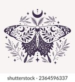 Vector illustration with purple moon moth. Abstract mystic sign. For you design, tattoo or magic craft.