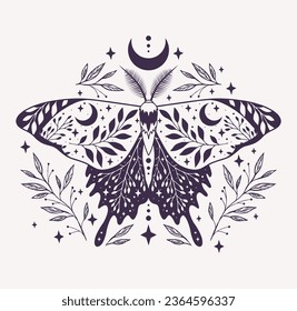 Vector illustration with purple moon moth. Abstract mystic sign. For you design, tattoo or magic craft.