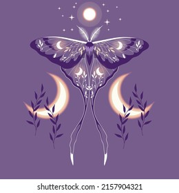 Vector illustration with purple moth. Abstract mystic sign. For you design, tattoo or magic craft.