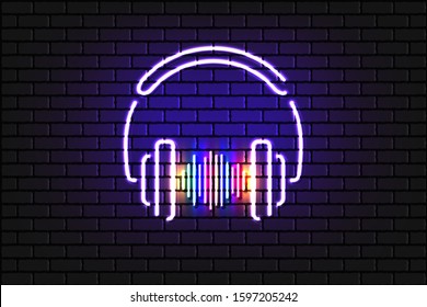 Vector illustration of purple neon Headphones with colorful sound wave beats on dark brick wall background. 