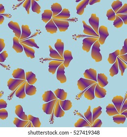 Vector illustration of purple, neutral and yellow hibiscus flowers. Seamless pattern with purple, neutral and yellow flowers. Vector illustration.