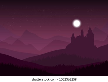 vector illustration of purple night over the old castle and mountains