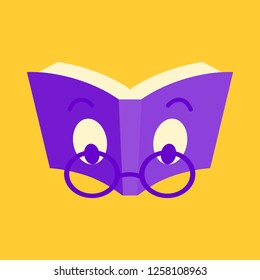 vector illustration of purple open book with eyes and glasses in yellow background