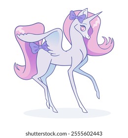 Vector illustration of purple pegasus. Cute pegasus with a bow. Pastel colors.
