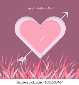 Vector illustration in purple and pink colours. Heart with arrow in the middle. Spikelets and leaves on the background. Valentine card, love card, greeting. Valentine's day concept.