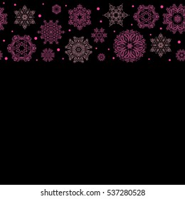 Vector illustration with purple and pink isolated snowflakes. Horizontal isolated watercolor snowflakes on black background. Beautiful decoration with place for your text. Symbol of winter.