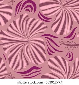 Vector illustration. Purple, pink and neutral hibiscus seamless pattern. Vector seamless pattern with tropical flowers in watercolor style.
