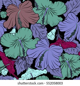 Vector illustration in purple, pink and violet colors on a black background. Seamless tropical flower, hibiscus pattern.