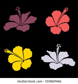 Vector illustration in purple, pink and yellow colors. Vector hibiscus flowers set in retro style.