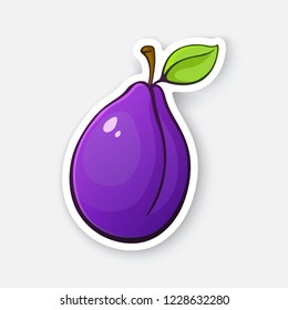 Vector illustration. Purple plum with stem and leaf. Sticker with contour. Healthy vegetarian food. Isolated on white background. Decoration for packaging, menus, signboards, showcases