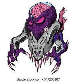 Vector illustration of a purple robotic alien with a big brain in a glass helmet.