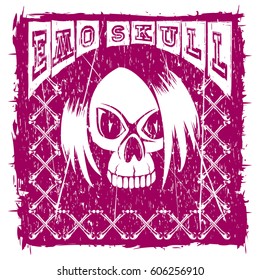 Vector illustration purple shabby inscription emo skull with crossed bones and skull with hair. Design for print on t-shirt.