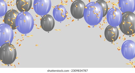 Vector illustration of purple and silver balloons with ribbons and confetti on grey background