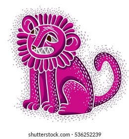 Vector illustration of purple sitting lion with teeth and beautiful mane, emotional expression of wild animal. Mascot symbol, graphic design.