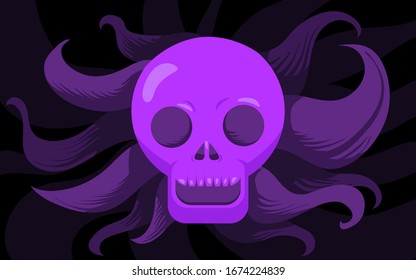 Vector illustration of a purple skull with dark black background. Flat style illustration.