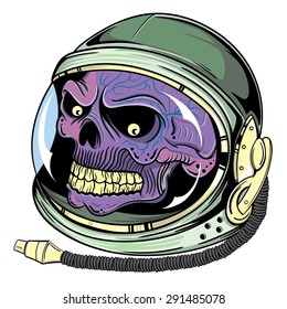 Vector illustration of a purple skull wearing a green space astronaut helmet.