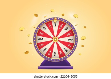 Vector illustration of purple spinning fortune wheel with golden flying coins on yellow background. Realistic 3d lucky roulette.