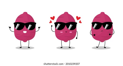 Vector illustration of purple sweet potato character with various cute expression, funny, isolated on white background, vegetable for mascot collection, emoticon kawaii, cool sunglasses, lovely