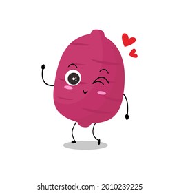 Vector illustration of purple sweet potato character with cute expression, funny, isolated on white background, vegetable for mascot collection, emoticon kawaii, tubers with lovely wink, happy, smile