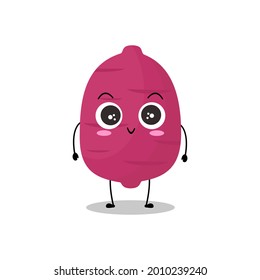 Ilustración vectorial del personaje de la batata púrpura con expresión linda, divertido, aislado en el fondo blanco, verdura para la colección de mascotas, emoticono kawaii, tubérculos, sonrisa, saludo, adorable