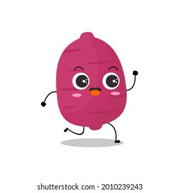 Vector illustration of purple sweet potato character with cute expression, funny, isolated on white background, vegetable for mascot collection, emoticon kawaii, tubers, run, happy, cheerful