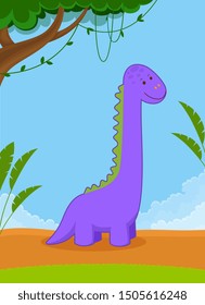 Vector illustration of purple tall dinosaur. Jungle landscape