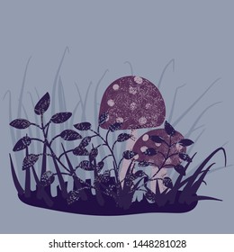 A vector illustration with purple toxic toadstools and some forest plants. Placement print design.