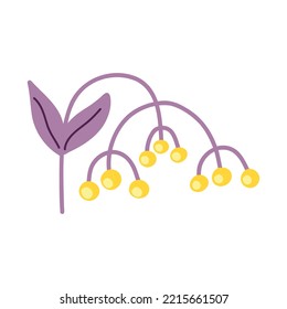 Vector illustration with purple twigs of leaves and pale yellow berries and flowers in a flat handmade style on a white background. Botanical illustration for postcards, gifts, holidays, fabrics