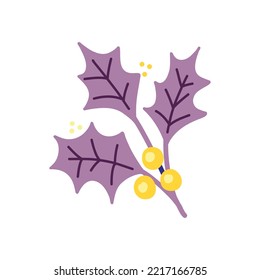 Vector illustration with purple twigs of leaves and pale yellow berries and flowers in a flat handmade style on a white background. Botanical illustration for postcards, gifts, holidays, fabrics