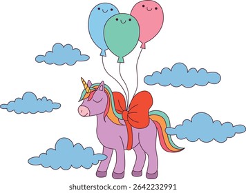 Vector Illustration of Purple Unicorn with red ribbon and rainbow colored hair and balloons