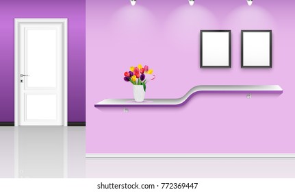 Vector illustration of Purple wall background with frames and flowers pot over shelf