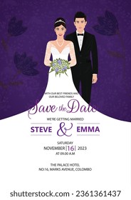 Vector illustration of purple wedding invitation card with beautiful bride and groom.