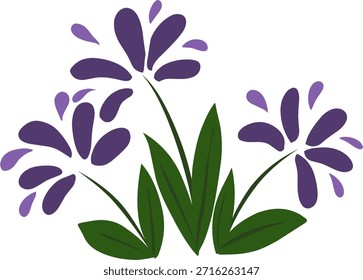 Ilustración vectorial de flores silvestres púrpuras con hojas verdes en un estilo botánico suave. Ideal para composiciones florales, diseños de naturaleza, estampados y proyectos decorativos.