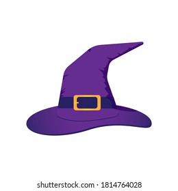 Vector illustration of purple witch hat with a gold buckle isolated on blank space. Halloween design element on white background.