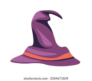 Vector illustration of a purple witch hat with an orange band, isolated on a white background. Ideal for Halloween designs, spooky decorations, or costume projects.