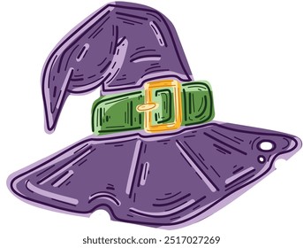 Vector illustration of a purple witch hat. Cute cartoon sticker on isolated background