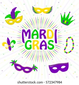 Vector illustration of purple, yellow, green mardi gras greeting card with typography text sign, fleur de lis, carnival mask, jester hat, beads