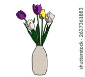 Vector illustration of purple, yellow, and white tulips and a gray vase on a white background.