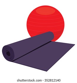 Vector Illustration Of Purple Yoga Mat And Red Fitness Ball