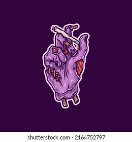 a vector illustration of purple zombie hand holding a cigarette