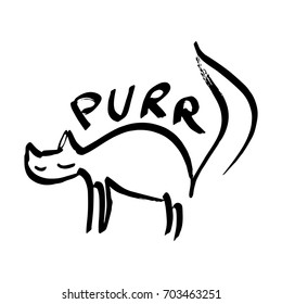 Vector illustration, purring cat. Postcard, lettering, poster, element for design, sticker, label.