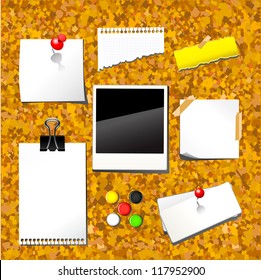 Vector illustration of push pin collection with set note papers on cork desk .
