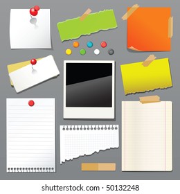 Vector illustration of push pin collection with set note papers